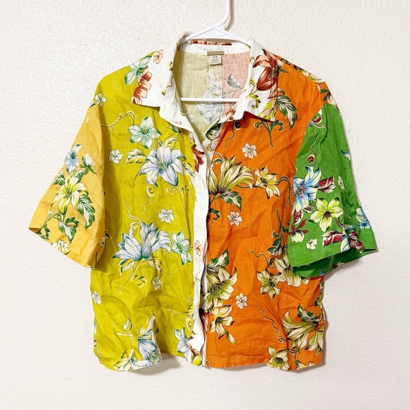 Magaschoni Tops - Magaschoni Linen Colorblock Tropical Print Button Up Short Sleeve Blouse Medium